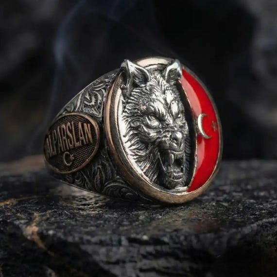 Silver Wolf Ring with Crescent Star - Sultan Alparslan & Old Turkic Engraved