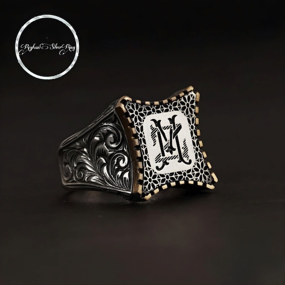 Personalized Sterling Silver Initial Ring: Handmade Bronze Inlay, Monogram Jewelry
