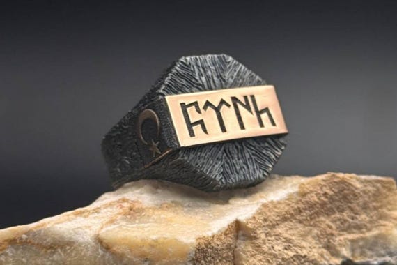 Old Turkic TÜRK Engraved Silver Men's Ring | Crescent Star Turkish Power Jewelry I Handmade Jewelry I Gift for Him