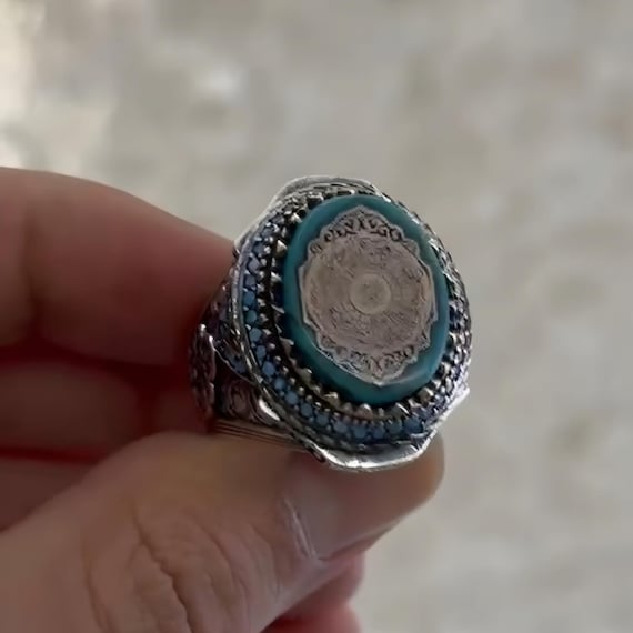 Mens Sterling Silver Turquoise Islamic Ring, Ottoman Inshirah Engraved Ring