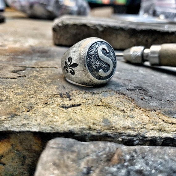 Handcrafted Letter Initial Ring with Floral Motif, Special Personalized Jewelry Gift, Delicate Silver Band