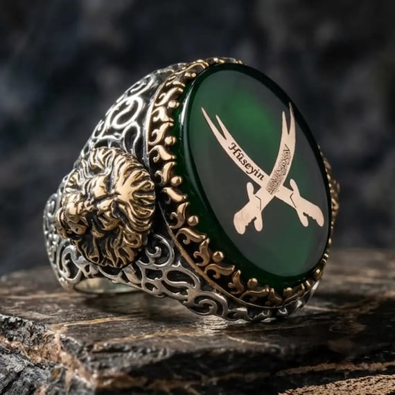 Personalized Zulfiqar Sword Green Stone Lion 925 Silver Ring