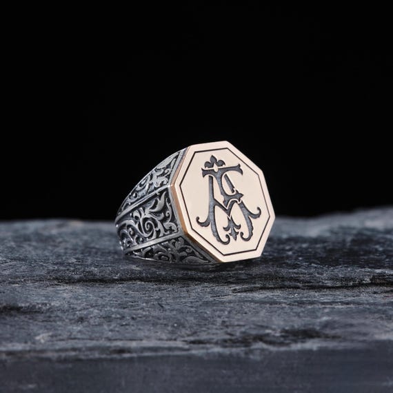 Octagonal Personalized 925 Sterling Silver Ring – Unisex Handmade Custom Letter Signet Ring