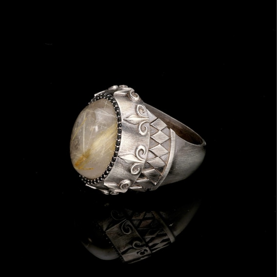 Yellow Rutile Quartz 925 Sterling Silver Ring: Engraved Gemstone