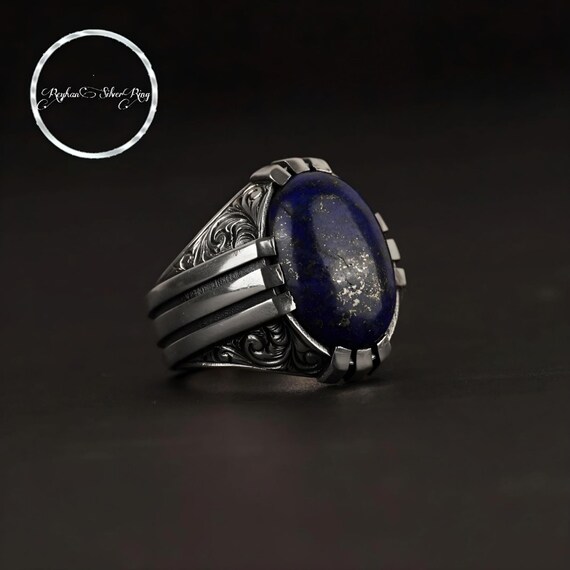 Handcrafted Lapis Lazuli Ring: Engraved 925 Sterling Silver Jewelry