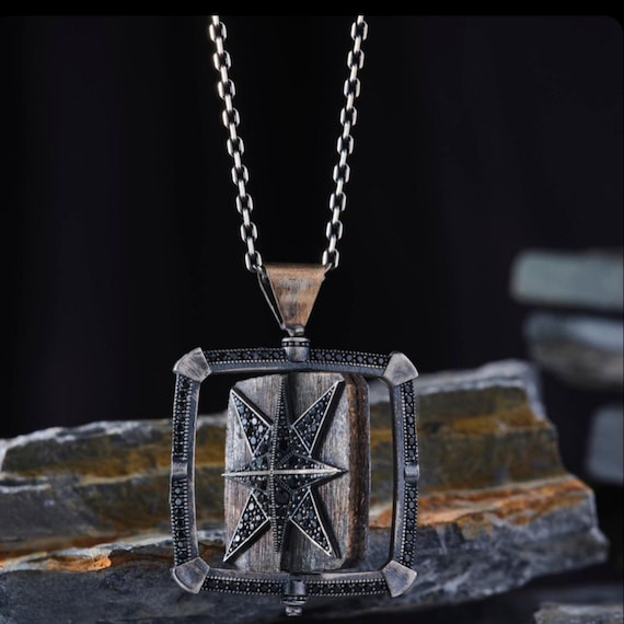 Handmade Sterling Silver Double-Sided Necklace: Rotating Compass Star, Kufi Calligraphy