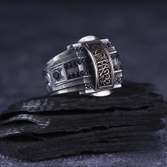 Black Onyx Sterling Silver Mens Ring: "LA ILAHE ILLALLAH" Turkish Boho Ring