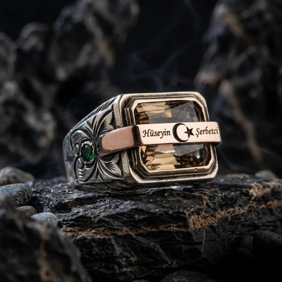 Personalized Name Engraved 925 Silver Ring for Men Crescent Star Smoky Stone