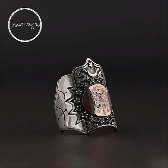 Ottoman Flag Sterling Silver Archer Ring: Green Zircon Thumb Ring