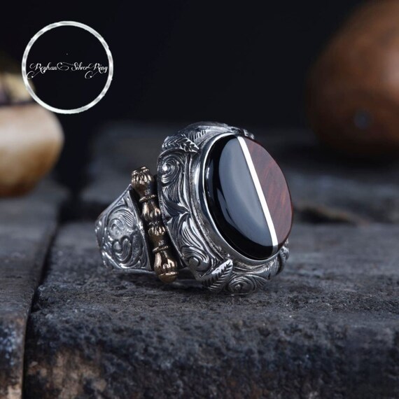Handmade Sterling Silver Men's Ring: Coca & Oltu Stone, Pencil Engraved Design