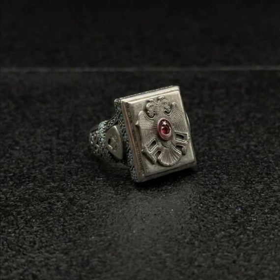 Men’s Sterling Silver Seljuk Eagle Crescent Star Ring, Square Statement