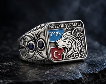 Personalized Wolf Ring, 925 Sterling Silver Göktürk Turkish Symbol Mens Gift