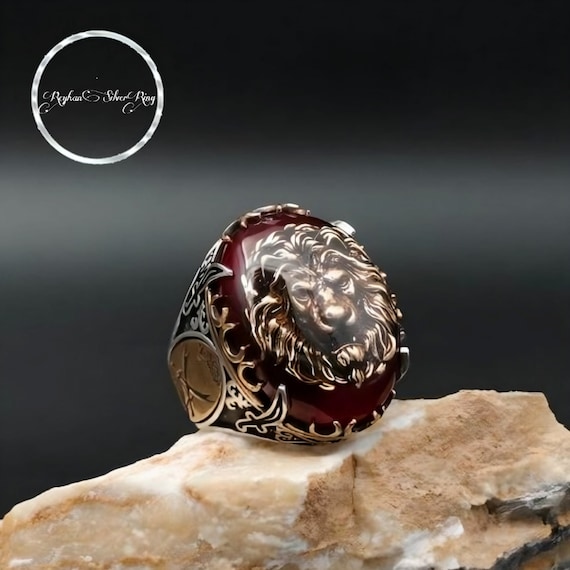 Red Amber Lion & Zulfikar Sword Sterling Silver Ring - Adjustable
