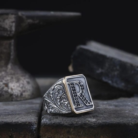 Custom Initial Men's Silver Ring – Rectangular Design, Black Micro Zircon