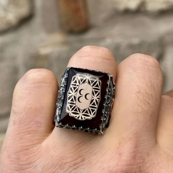 Sterling Silver Red Amber Ring, Wolf & Crescent Symbol, Gift for Men