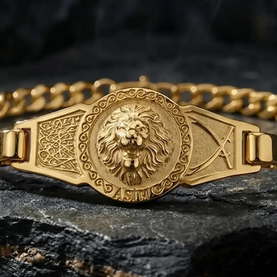 Custom Name Lion Bracelet, Gold Plated 925 Sterling Silver Zulfiqar