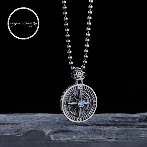 Sterling Silver Compass Necklace: Black Zirconia Stone Medallion, Turkish Jewelry
