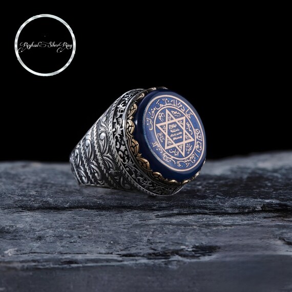 Blue Amber Solomon Seal Ring: 925 Sterling Silver Talisman