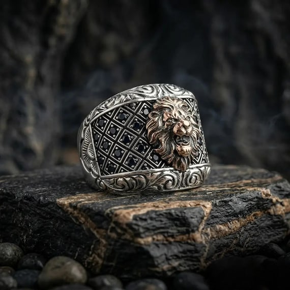 Men's Sterling Silver Lion Signet Ring, Ottoman Style Black Zircon Stone