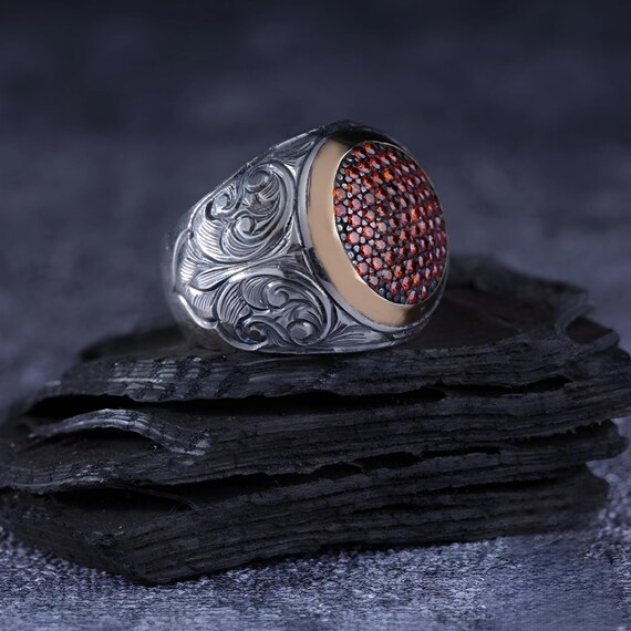 Engraved Sterling Silver Ring with Red Topaz - Handmade