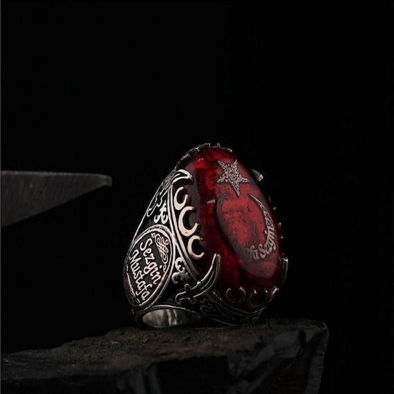Sterling Silver Men's Ring: Red Crescent Moon Star, Ottoman Sword, Personalized