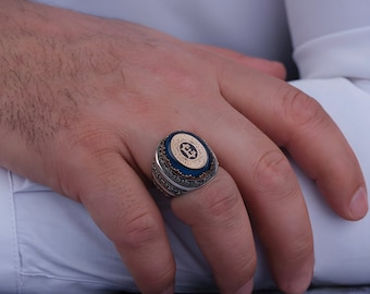 Personalized Blue Amber Stone Men's Ring: 925 Sterling Silver, Handmade
