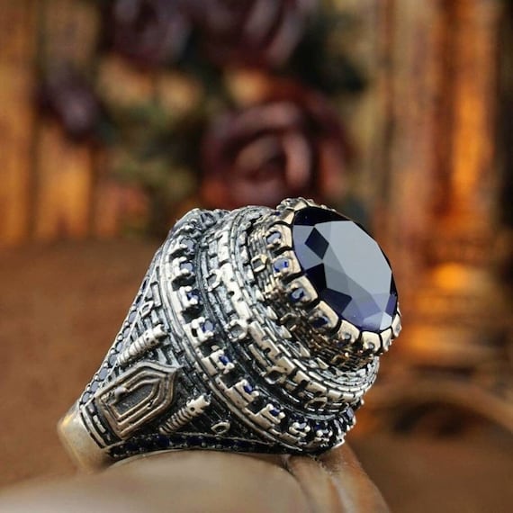 Blue Zircon Stone Silver Men's Ring: Istanbul Fatih Sultan Mehmed Style