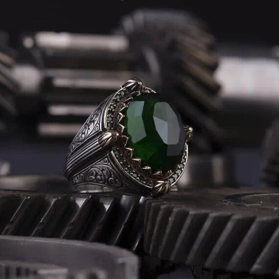 Engraved 925 Sterling Silver Ring with Green Atomic Stone