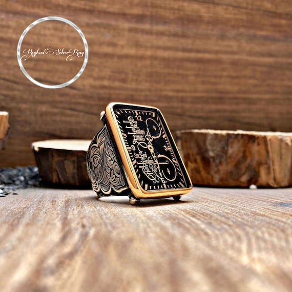 Engraved Clock Sterling Silver Ring - Calligraphy Inscription