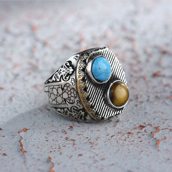 Turquoise & Tiger Eye Sterling Silver Ring: Handmade Engraved Design