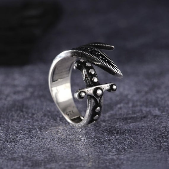 Handmade Sterling Silver Zulfiqar Sword Ring - Adjustable Black Zirconia