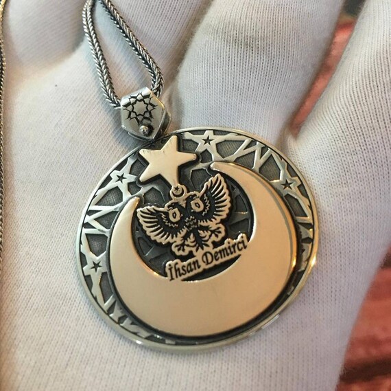 Moon Star Eagle 925K Sterling Silver Necklace - Personalized Medallion
