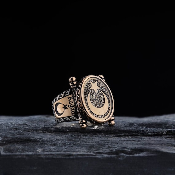 Turkish Star and Moon Ring: Handmade 925 Sterling Silver Men's Jewelry