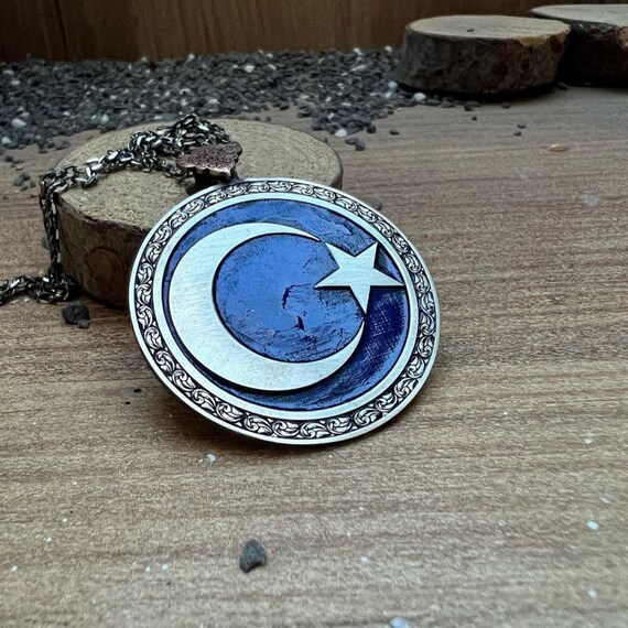 Sterling Silver Moon and Star Necklace: Blue Turkish Medallion Pendant