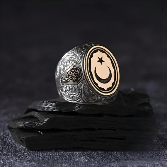 Handmade Sterling Silver Men's Ring: Arabic Moon Star Design