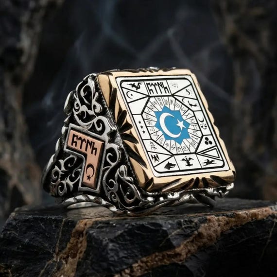 Göktürk Silver Ring 925 – Ancient Turkic Symbols & Crescent Star