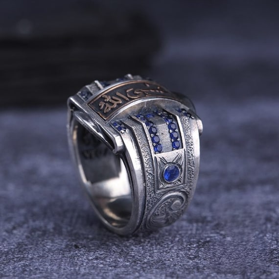 HasbiAllah Sterling Silver Men's Ring: Blue Zircon Stone, Adjustable