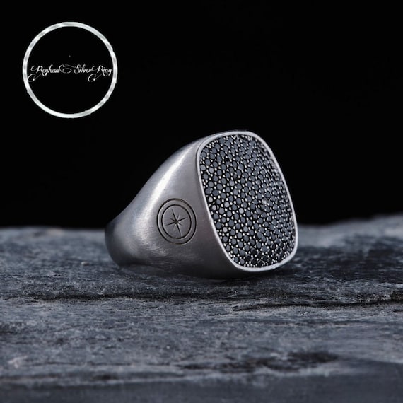 Handmade Sterling Silver Ring: Square Black Zircon Stone, Customizable