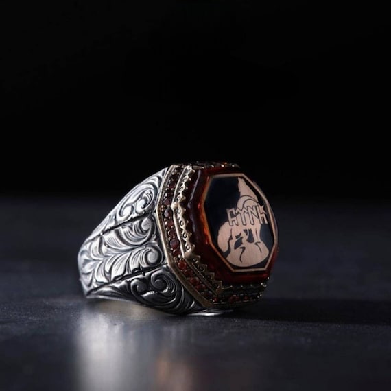 Handmade Turkish Wolf Ring with Red Amber & Zircon I Adjustable Silver Jewelry