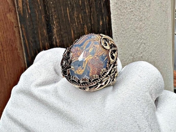 Handmade Phoenix Carved Moonstone Ring: 925 Sterling Silver