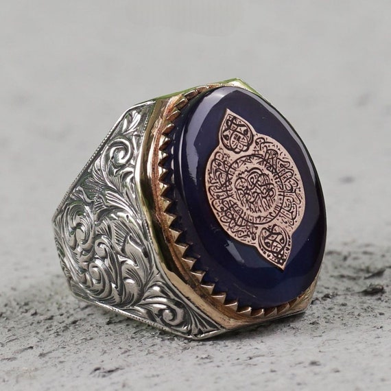 Blue Amber Stone Sterling Silver Men's Ring: Surah Alaq, Turkish Handmade