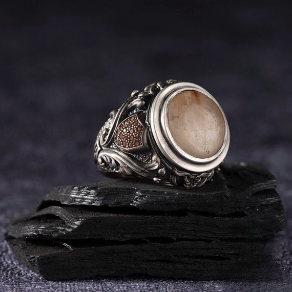 Handcrafted White Rutile Quartz Sterling Silver Ring - Unique Valentine's Day Gift for Him