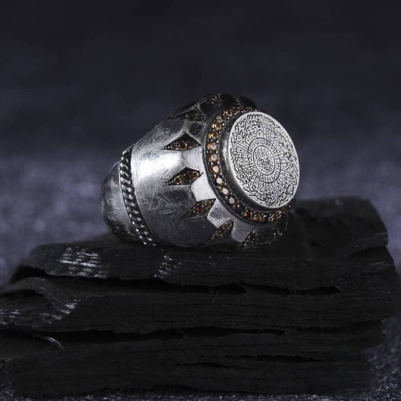 Handmade Sterling Silver Islamic Ring: Zircon Stone, Adjustable Protection Talisman