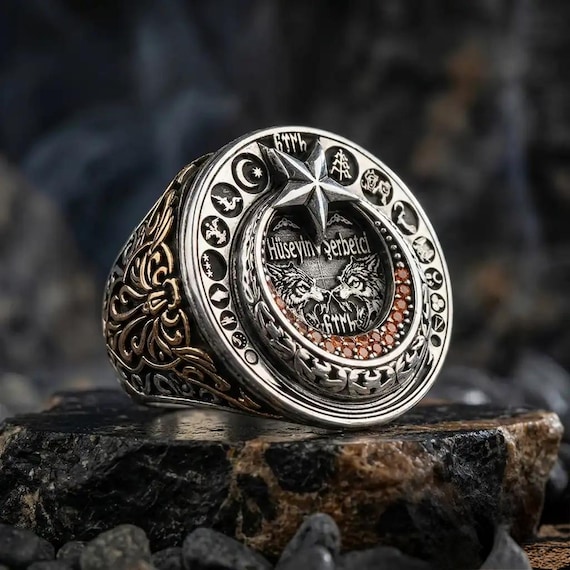 Personalized Turkish Ring \ Custom Name Crescent Star Stone