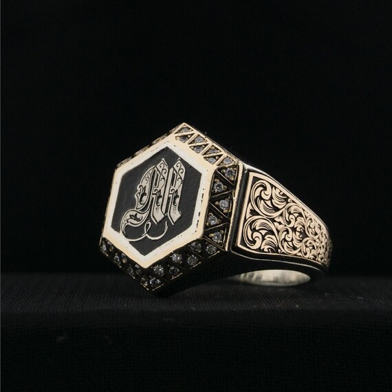 Handmade Hexagon Sterling Silver Men's Ring: White Zircon, Turtle Pattern