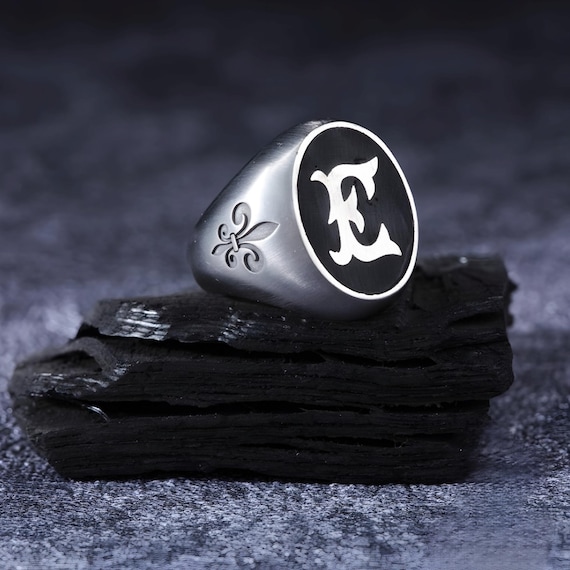 Personalized Engraved Silver Men's Ring - Handmade Initial Ring on Black Ground