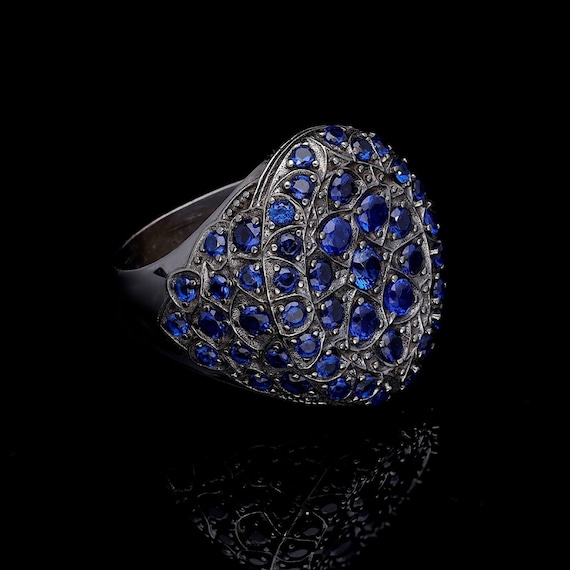 Dark Blue Stone Oval Ring: 925 Sterling Silver, Adjustable Band