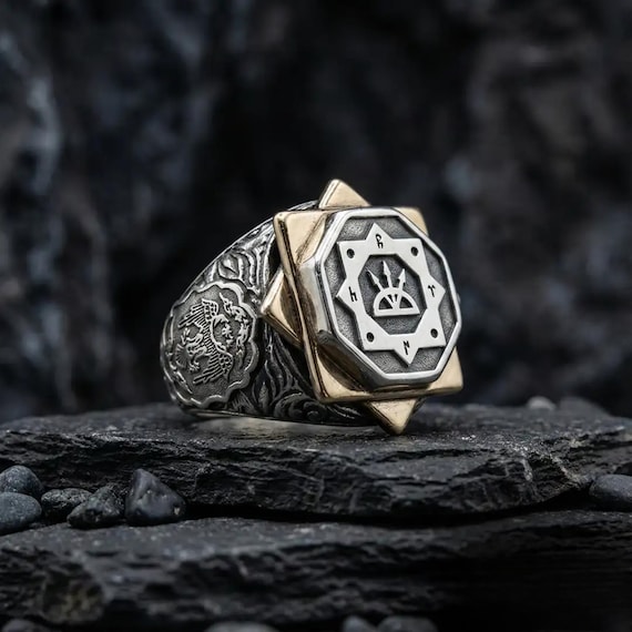 925 Sterling Silver Men’s Ring, Seljuk Eagle, Ottoman Flag, Oghuz Kagan Seal