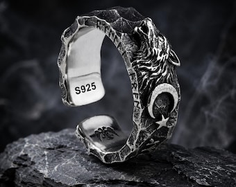925 Sterling Silver Gokturk Wolf Ring, Turkish Crescent Star Mens Jewelry