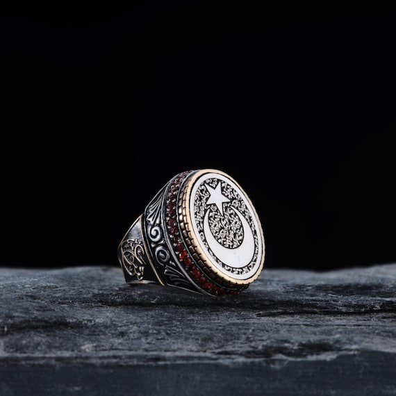 Sterling Silver Crescent Star Ring: Turkish Ottoman Zircon Jewelry